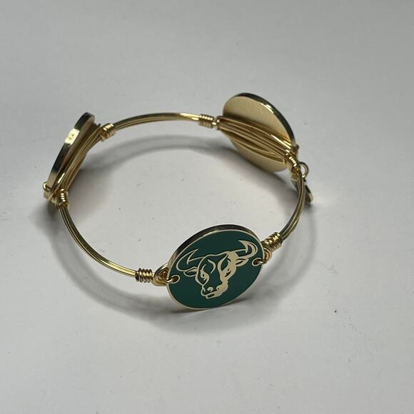 BOURBON & BOWETIES gold tone bracelet bangle THE BULL green enameled disks jewel - Picture 2 of 8